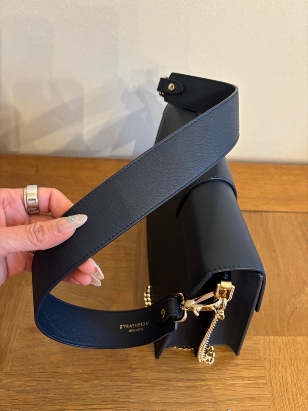Strathberry Crescent Leather Shoulder Bag Navy Gold Hardware Crossbody - Picture 13 of 15